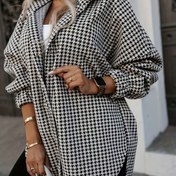 Resim Kadınların Hafif Houndstooth Baskılı Uzun Kollu Hırka - Düğmeli Ön, Yaka Yaka ve Göğüs Cebi ile Rahat Sonbahar / Kış Rahat Ceket, Siyah ve Beyaz Desen, İşe Giderken veya Boş Zamanlarda Mükemmel, Rahat Dış Giyim | Houndstooth Baskılı | Yapısal Tasarım 