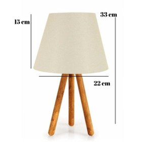 Resim METEDEKOR Ahşap Üç Ayaklı Krem Dokuma Başlık Tripot Abajur Yatak Odası Çocuk Odası Masa Lambası 