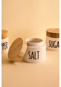 Resim Amara 3'lü Porselen Baharatlık Seti Beyaz Yuvarlak Bambu Kapaklı Kavanoz Beyaz Beyaz 