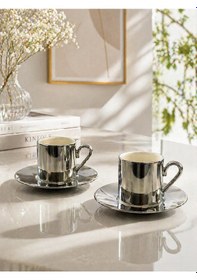 Resim 2 Li Porselen Kaplama Yaldızlı Kahve Fincan Takımı Seti 90ml Gümüş 