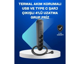 Resim Nevamel® Akıllı Akım Dengelemeli 4’lü Çoklu Priz Type-C ve USB Çıkışlı 