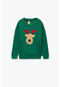 Resim Koton Erkek Bebek Geyik Nakışlı Uzun Kollu Bisiklet Yaka Şardonlu Yılbaşı Sweatshirt Yeşil 