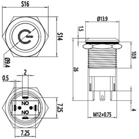 Resim 12A-P1-C 12Mm Düz Yaylı Işıklı Power Metal Buton - Kırmızı 