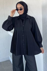 Resim Gülseli Tesettür Piliseli Gömlek Siyah TZL-P-00021787 