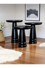 Resim AYLESA Doğal Ahşap 3’lü Set Mantar Yan Sehpa Modern Siyah Renk Fiskos Zigon Çiçeklik 