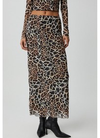 Resim Grimelange Kadın Maxi Boy Slim Fit Beli Lastikli Tül Batik Desenli Leopar Desenli Etek 