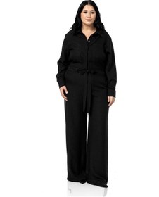 Resim Büyük Beden Beli Tünelli Ve Arkadan Lastikli Geniş Paça Siyah Tulum Siyah 