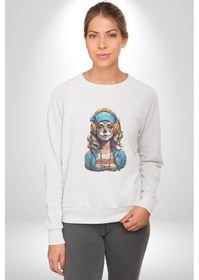 Resim Hippie Cesur Stil Dövmeli Kız Unisex Beyaz Baskılı Sweatshirt Beyaz 