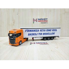 Resim Maket 33 cm uzunlukta 1/50 ölçek turuncu SCANIA 770S TIR MAKETİ (firma ismi yazılabilir) 
