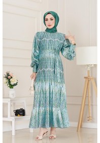Resim Sevitli Piliseli Eteği Volanlı Saten Mona Elbise-mint Yeşili-5073 Mint Yeşili 