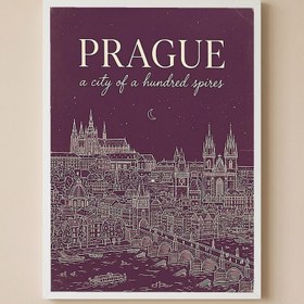 Resim Prague Line Art Print - Plum Castle Charles Bridge Skyline Wall Art - Wooden Frame - White / 12 x 16" (30x40 cm) 