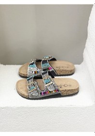 Resim 25y102-2 Çift Tokalı Taşlı Mantar Taban Terlik Kadın Siyah 