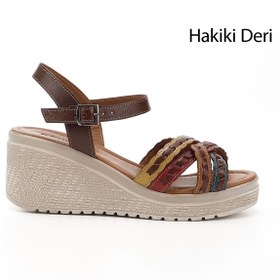 Resim GÖNDERİ(R) Kadın / Kız Kahveye Sarı Bilek Bağlı Dolgu Taban Hakiki Deri Sandalet 