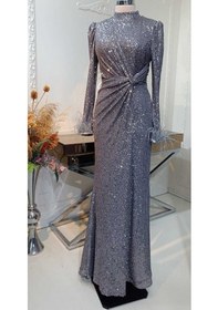 Resim Raika Moda Parıltılı Büyük Beden Hüma Tesettür Abiye Gümüş 
