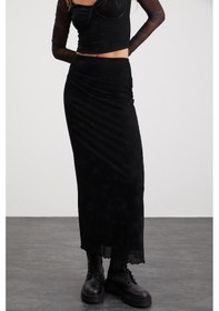 Resim Grimelange Beulah Kadın Maxi Boy Slim Fit Beli Lastikli Tül Batik Desenli Siyah Etek Siyah 
