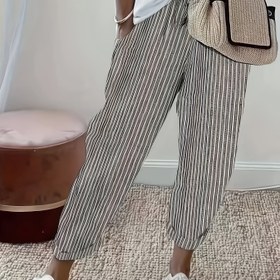 Resim Kadınlar için Tatil İçin Hazır Rahat Pantolon - Yumuşak Pamuklu Çizgili Elastik Bel, Yan Cepli, Makinede Yıkanabilir İlkbahar Yaz Sonbahar Kıyafeti, Baba Tarzı Pantolon, Cilt Dostu Kumaş 