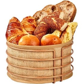 Resim Rose Paslanmaz Yuvarlak Ekmek Sepeti Jüt Kumaş, Lüks Sunum Sepeti - Çok Amaçlı Metal Rose 