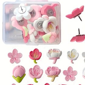 Resim 24 Adet Büyüleyici Çiçek Buketi İğneleri - Dayanıklı ABS Reçine, Çeşitli Pembe & Beyaz Çiçekler ve Yeşil Yapraklar, Ev & Ofis Panoları, Fotoğraf Sergileri için Mükemmel, Buket Aksesuarları 