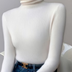 Resim Kadın Şık Yüksek Yaka Kazak - Uzun Kollu Balıkçı Yaka Üst, Şık Ofis & Parti Kombini, Sonbahar/Kış Katmanlama Temel Parçası, Düz Renk Tasarım, Günlük & Resmi Kullanım için Yumuşak Sıcak Kazak, Bayan Kazakları 