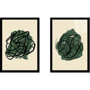 Resim Yeşil Soyut Line Art İkili Çerçeveli Cam Tablo Seti-173456 