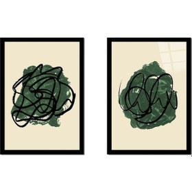 Resim Yeşil Soyut Line Art İkili Çerçeveli Cam Tablo Seti-173456 