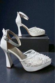 Resim Famels Topuklu Ayakkabı Dantelli Nikah Düğün Gelin Ayakkabısı ve Kolye Seti Hediyeli 