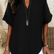 Resim Kadınların şık V-Neck Bol Kesim Kısa Kollu Tişörtü, %100 Polyester Rahat Hafta Şortu, Dik Kenarlı, Dikişli Kumaş, 145g/m² - Bahar Modası 