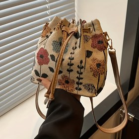 Resim Kadınlar İçin Vintage Çiçek Desenli Kova Çanta - Ayarlanabilir Askılı, İpli Kapamalı Renkli Çiçekli Retro Crossbody El Çantası - Günlük ve Resmi Etkinlikler için Şık Çanta 