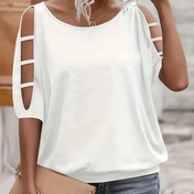 Resim Kadınlar İçin Şık, Delikli, Kısa Kollu Tişört, Düz Renk Yuvarlak Yaka, Polyester Örgü Üst, Moda Kadınlar İçin Tüm Mevsimler İçin Uygun 