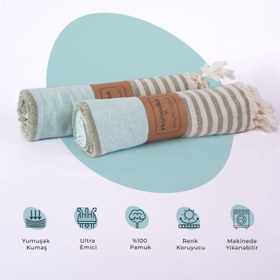 Resim %100 Pamuk Yeşil American Desenli Püsküllü Peştamal 2’li - 100x180 Cm 