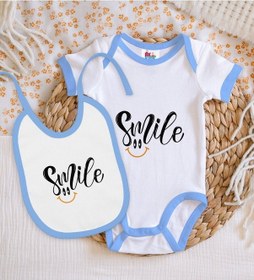 Resim Bk Kids Smile Tasarımlı Mavi Bebek Body Zıbın Ve Mama Önlüğü Hediye Seti-1 Çok Renkli 