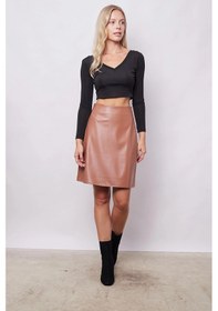 Resim Kadın Hafif Likralı Deri Yüksek Bel Diz Boy Çan Etek-camel CAMEL 