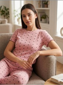 Resim fameshomewear Yazlık Örme Pembe Kalp Desenli Kadın Şort Takım 