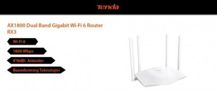 Resim Tenda RX3 AX1800 1800 Mbps Çift Band WIFI 6 Router Tenda