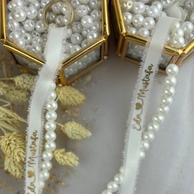 Resim İncili İpek Beyaz Söz Nişan Kurdelesi - Kişiye Özel Yüzük Kurdelesi, Zarif ve Şık Tasarım 