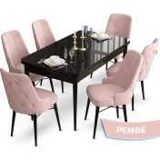 Resim Canisa Concept Taç Serisi 80 x 132 cm Açılabilir Siyah Mermer Desen Masa Takımı 6 Sandalye Gold Halkalı 