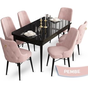 Resim Canisa Concept Taç Serisi 80 x 132 cm Açılabilir Siyah Mermer Desen Masa Takımı 6 Sandalye Gold Halkalı 