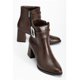 Resim Kahverengi Kadın Kalın Topuklu Bot Taş Tokalı Sivri Burun-4275 Kahverengi 