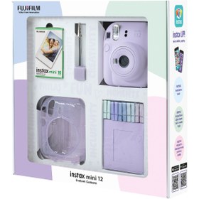 Resim Fujifilm Instax mini 12 Lila Fotoğraf Makinesi 10'lu Film Simli Pleksi Kılıf Mandal ve Kıskaçlı Resim Standı 