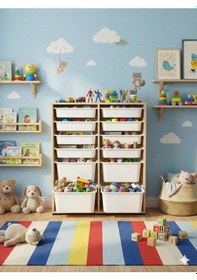 Resim 12 Çekmeceli Çok Amaçlı Oyuncak Dolabı ve Saklama Ünitesi Çocuk Odası Düzenleyici Etiket Hediyeli Safir Meşe 