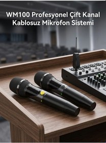 Resim Wm100 Profesyonel Kablosuz Çift Mikrofon Sistemi Yüksek Ses Kalitesi 