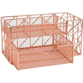 Resim Temel Rose Gold Metal Mesh Masaüstü Organizer Çekmeceli Çok Bölmeli 21.8x11.5x11 Cm 9510 
