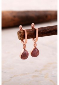 Resim Doğal Rodonit Taşlı Damla Mini Rose Gümüş Küpe 5857 