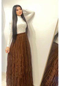 Resim Etk004 Beli Lastikli Buruşuk Mikro Uzun Kadın Etek Yeşil 