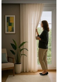 Resim Keten İçeren Tül Perde Doğal Natural Ütü İstemez Salon Oturma Odası Yatak Odası Antre Krem 