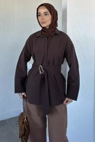 Resim Bel Kuşaklı Tesettür Tunik Kahve TZL-P-00021468 