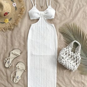 Resim Kadınlar İçin Yazlık Keyhole Detaylı Kemerli Yuvarlak Yaka Spagetti Askılı Hafif Makinede Yıkanabilir Plaj Elbisesi - Rahat Tatil Giysisi 