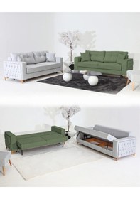 Resim Nola Koltuk Takımı 3+3 & Bazalı Yataklı Koltuk & Kanepe - Keten Gri-yeşil 