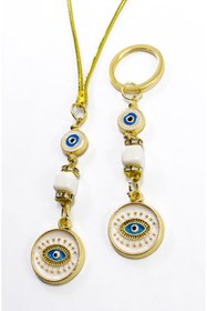 Resim biuti Beyaz Parlak Taşlı Küp Boncuk Detaylı Göz Figürlü Araba Dikiz Ayna Süsü, Anahtarlık İkili Set 