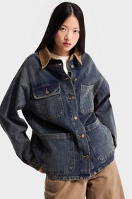 Resim Kadın T.Kot Rengi 2w5-8 Oversize Önü Düğmeli Yaka Detaylı Tasarım Denim Ceket - T.Kot / 34 